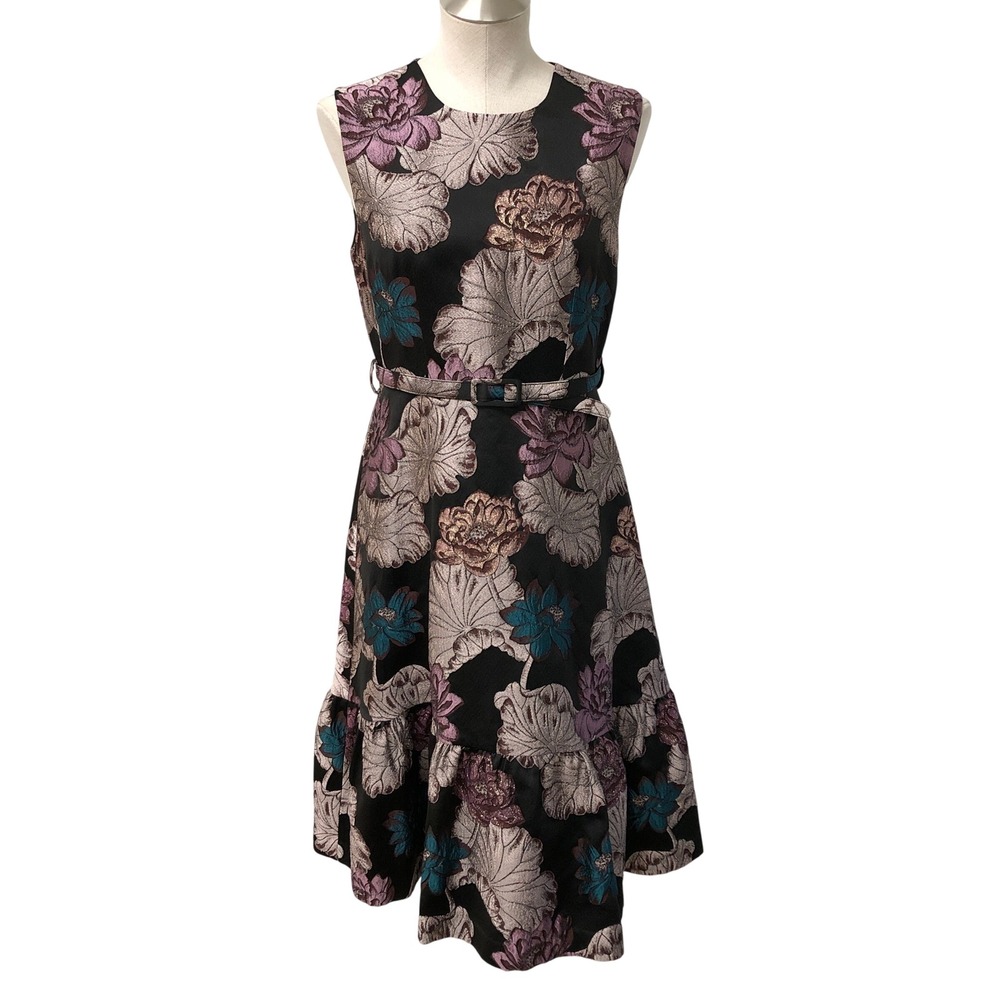 Co Midi Dress Womens Medium Black Floral Jacquard Belted Ruffle Luxury Designer